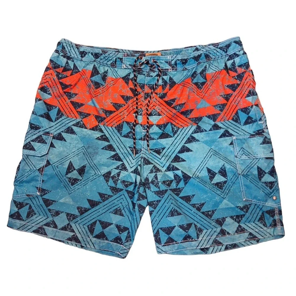 The Foundry Blue Orange Board Shorts  Pockets Geometric Southwest Print Sz 3XL